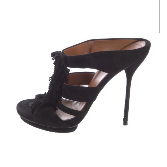 GUCCI Youma Platform Black Fringe Suede Stiletto Mules Slip-On Heels EU 36 - Picture 1 of 4